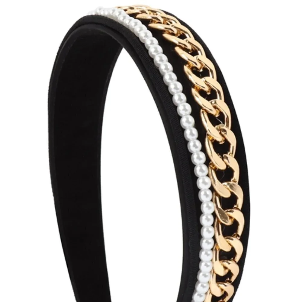J. ELISE BOUTIQUE NEW TRENDY VELVET Black Gold Chain Pearl Fashion Headband